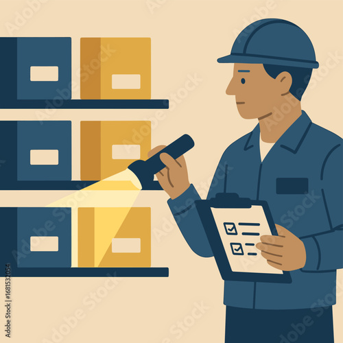 Warehouse worker using flashlight to inspect inventory with checklist in hand