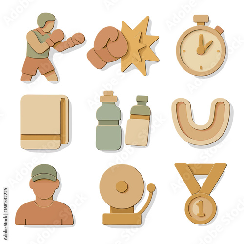 Boxing training equipment icons in pastel 3d style for fitness and sports design