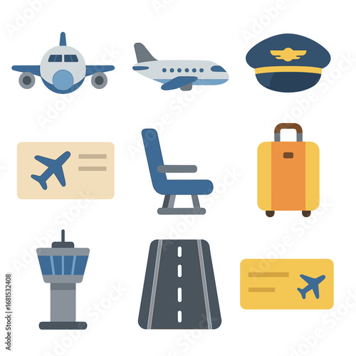 Travel icons set featuring airplane, luggage, and pilot hat in neon style