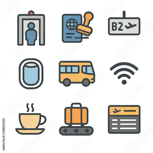 Travel and airport icons: security, transport, passport control, wifi, refreshments