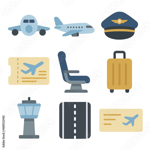 Glowing aviation icons set featuring airplane, ticket, pilot hat, and control tower