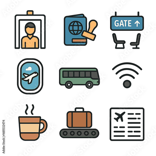 Travel and airport icon set featuring passport, gate signs, and wi-fi in colorful linear style