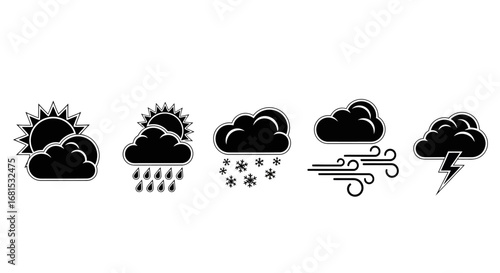 Diverse weather icons including sun, rain, snow, wind, and lightning presented cleanly on a white background for easy use