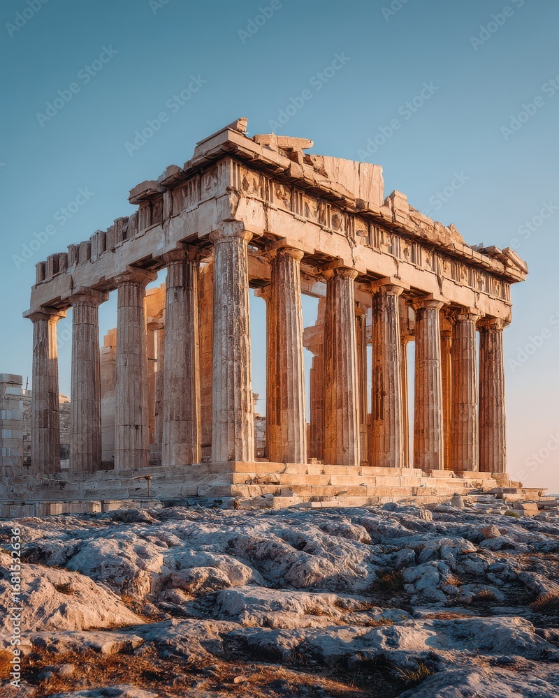 Fototapeta premium Parthenon at golden hour in Athens Greece low angle view of ancient Greek temple on Acropolis hill