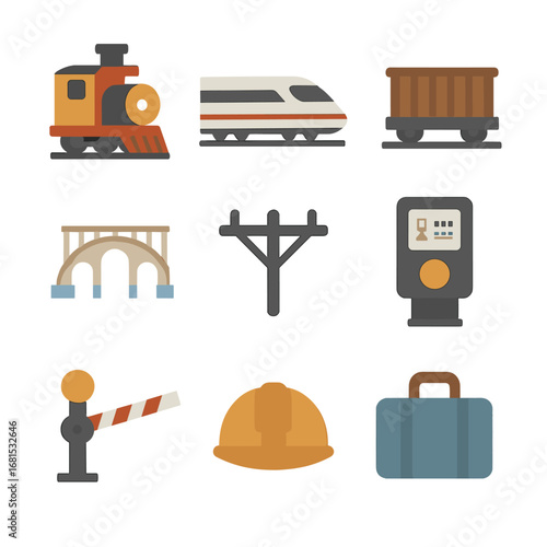 Modern transportation icons set featuring train, railway, and travel elements