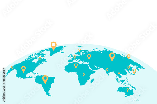 Global network or business with pin locations on a world map, representing worldwide presence, international connections, and global reach.