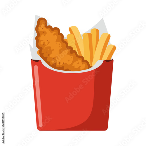 Fried chicken and french fries in red takeout container  