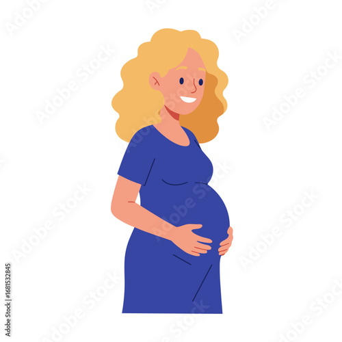 Pregnant woman smiling while holding belly in casual blue dress  
