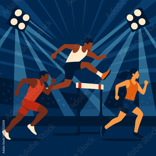 Dynamic track and field competition with runners and hurdler in stadium