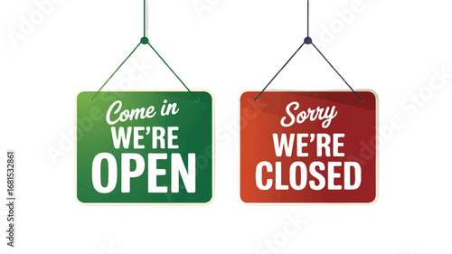 A simple illustration of two hanging business signs against on a transparent background.  
