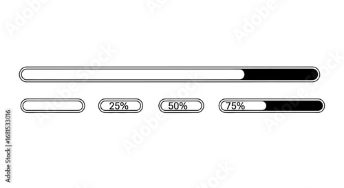 Modern progress bars showing loading stages and percentage completion for digital interfaces and applications