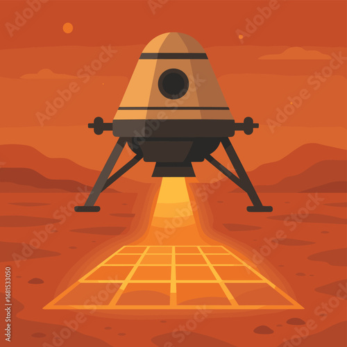 Futuristic mars lander touchdown on alien terrain in flat design style