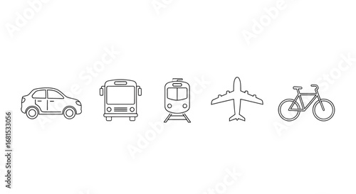 Diverse transportation modes elegantly depicted in clean line art on a crisp white background, perfect for modern design projects.