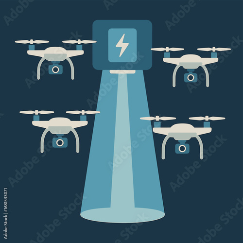 Fleet of drones recharging wirelessly in night sky