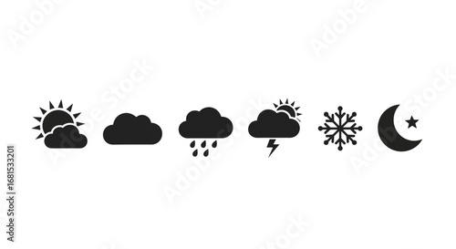 Diverse weather icons showcasing sun, clouds, rain, lightning, snow, and moon with star for clear visual representation