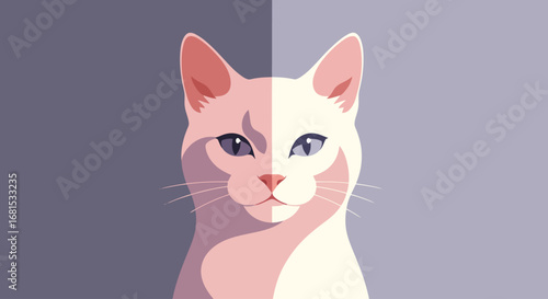 Captivating minimalist portrait of a white cat with striking blue eyes and contrasting facial tones, exuding elegance and charm.