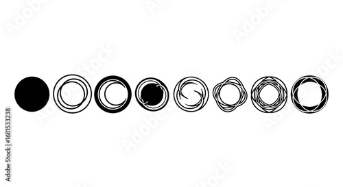 Abstract circular design elements showcasing evolution from simple circles to complex geometric patterns, perfect for modern branding and tech concepts