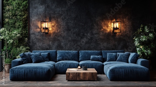 Dark, moody living room with blue sectional sofa, textured wall, and lush plants