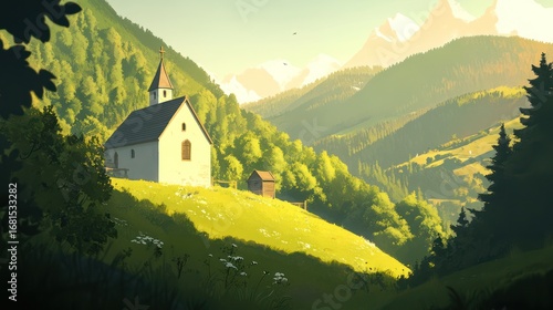 Alpine church nestled in valley at dawn