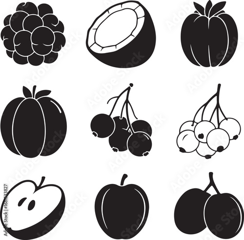 Black and white fruit icons raspberry coconut