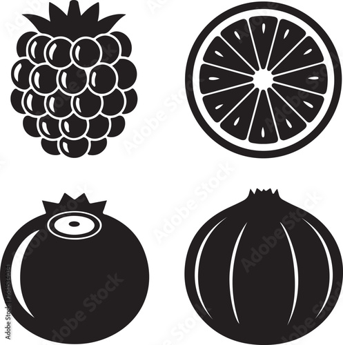 Berry citrus fruit and pomegranate icons raspberry