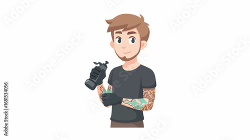Tattoo artist holding tattoo machine and bottle