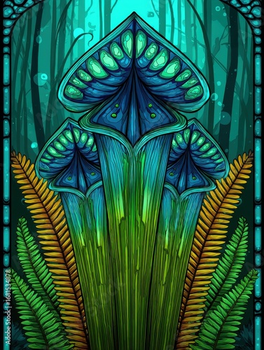 Fantasy Pitcher Plants Growing in Teal Forest Art Nouveau Style Illustration Lush Greenery and Ferns