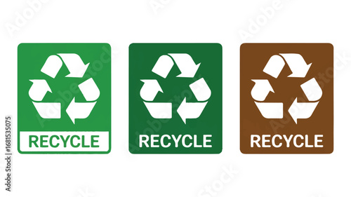 Three recycling symbols arranged horizontally, each with a white triangular recycling arrow design against on a transparent background.  