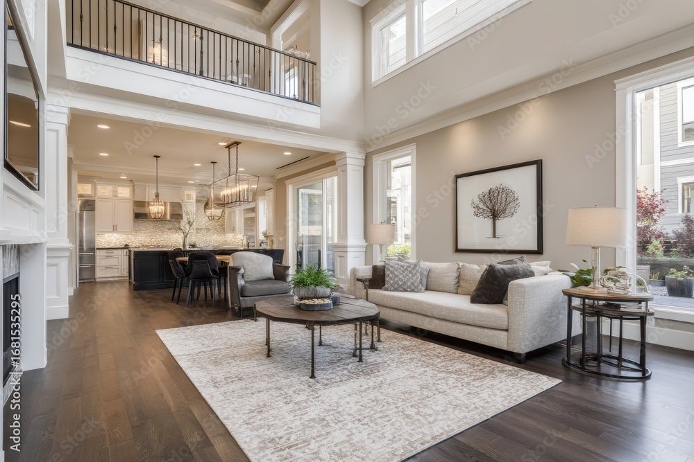 Fototapeta premium Interior view of luxury home featuring open floor plan with living room kitchen and balcony architectural design