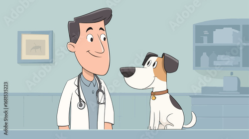 Veterinarian and dog in a light filled clinic