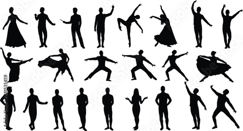 Black dancer silhouette collection, men and women performing dance poses, ballet and modern choreography vector illustration for art, design, performance projects.