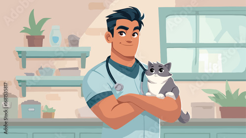 Veterinarian holding a cat in a clinic