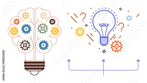 Light bulb and brain formed by colorful gears, surrounded by question marks and dotted lines. Ideal for innovation, brainstorming, problem solving, creativity, knowledge, teamwork learning. Simple
