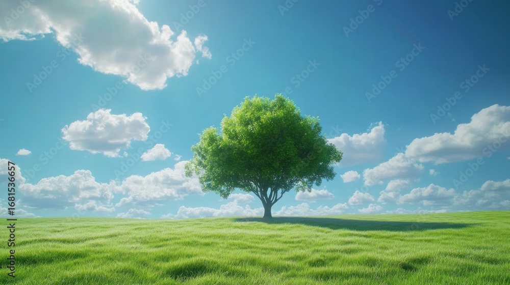 Fototapeta premium Green tree on grassy hill, sunny day, nature scene, stock photo