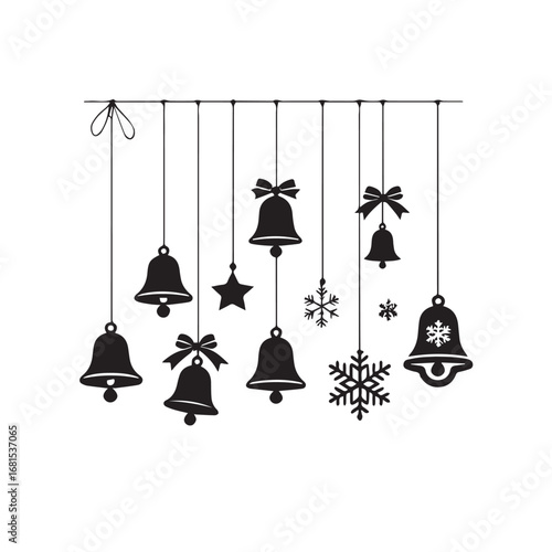 Vector art of christmas ornaments including bells, stars, and snowflakes hanging on a string
