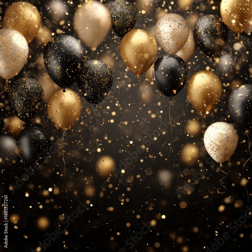 Celebration with Black Gold and White Balloons Floating in Air with Confetti on Dark Background