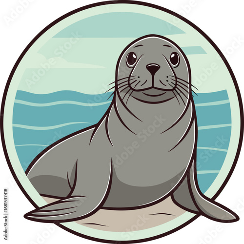 Gray seal in circular frame with ocean background marine mammal