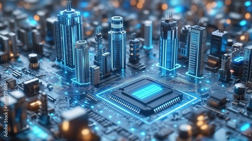 Fototapeta Naklejka Na Ścianę i Meble -  Futuristic Cityscape With Skyscrapers On Circuit Board