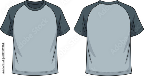 Flat vector illustration of two-tone raglan t-shirt, casual short sleeve top, front and back views, unisex fashion design template.