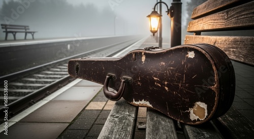 Old worn guitar case on a bench at a foggy train station platform