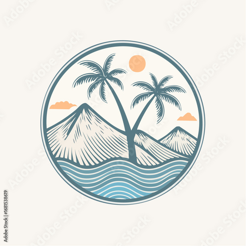 Tropical island paradise with palm trees, mountains, and ocean waves
