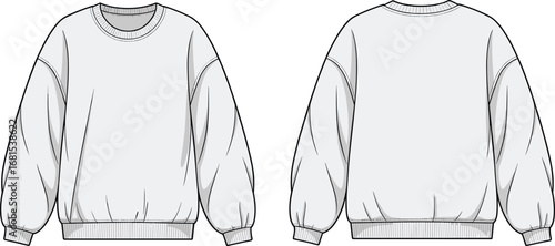 Flat vector illustration of oversized long sleeve sweatshirt with ribbed cuffs and hem, casual fashion design template front and back.