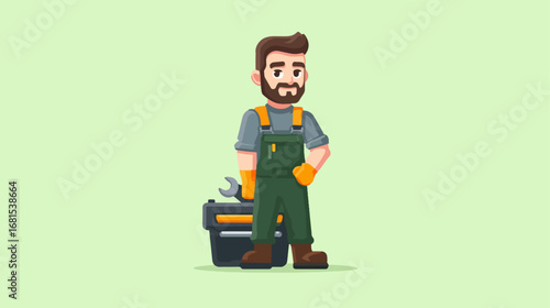 Worker character in workwear with tools