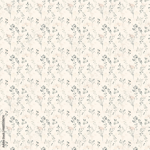 Gentle botanical seamless pattern with scattered herbs and twigs, soft pastel washes, irregular organic flow, creating a subtle minimal aesthetic perfect for textiles, wallpapers, and modern surface.