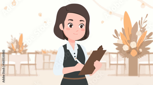 Woman writing on clipboard in banquet hall