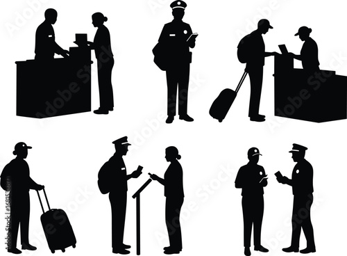 Airport security check silhouettes, passenger verification, customs control, travel screening, officer inspection, luggage scanning, passport control, travel documentation, airport procedures.