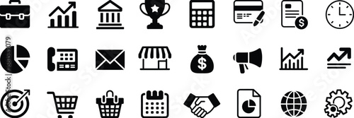 Business and finance icon set including charts, bank, calendar, calculator, credit card, marketing, shopping, handshake, and gear.