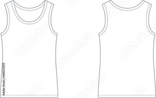 Flat vector illustration of sleeveless tank top front and back view, fashion design template for casual wear, gym or summer clothing.