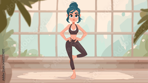 Yoga pose cartoon illustration of a young woman