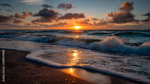 A vibrant sunset casting golden reflections on the oean waves, with a sandy bech in the foreground.